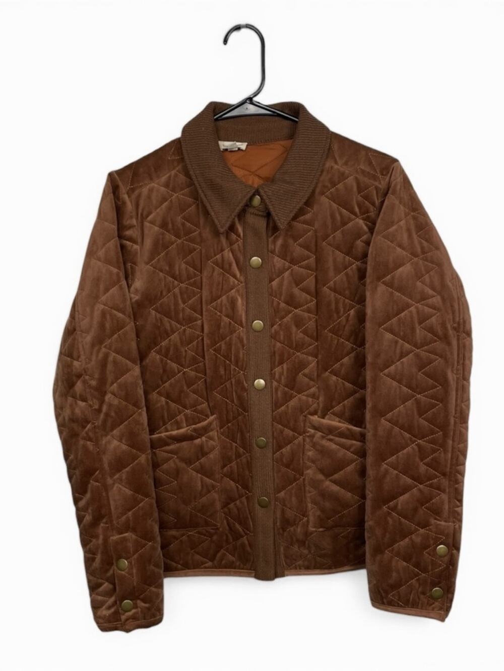 Hem & Thread Brown Quilted button up Jacket with Rib Knit Collar Medium